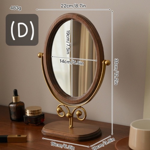 天然木 オーバル 卓上ミラー アイアンスタンド 角度調整 回転式 化粧鏡 バニティミラー 楕円 ウッドフレーム ナチュラル アンティーク調