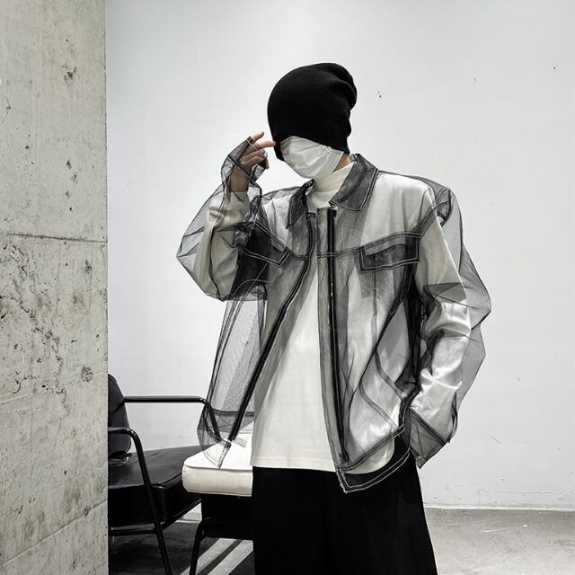 ノーカラー メッシュジャケットとシアーシャツ 予約販売】ブルゾン ジャケット 長袖 透け感 肌見せ メッシュ シアー