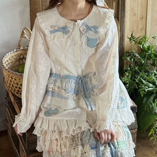 フリル襟リボンモチーフ刺繍ブラウス ・12448