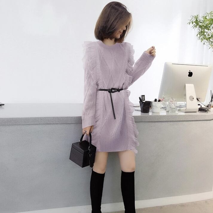 ワンピース レディース ニットワンピース ベルト付き ミニ ミニ丈 ショート ショート丈 袖あり 長袖 ラウンドネック フリル かわいい 大人可愛い シンプル カジュアル 大人 おしゃれ お洒落 かっこいい レトロ 大人可愛い 大人女子 こなれ感 ラフ マニッシュ 個性的 クール モード系 送料無料 存在感 抜け感 ゆったり ゆる 無地 秋 冬 10代 20代 30代 40代 女性用 ママ OL 通勤 学生 通学 デート お出かけ 送料無料 女子会 休日 旅行 着回し 普段使い 重ね着 韓国 韓国系