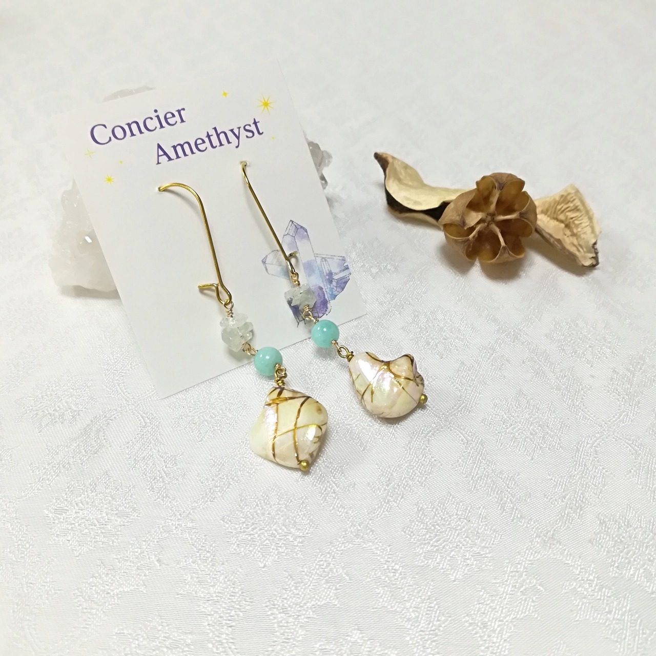 シェル×アマゾナイト ピアス イヤリング 天然石アクセサリー 天然石 
