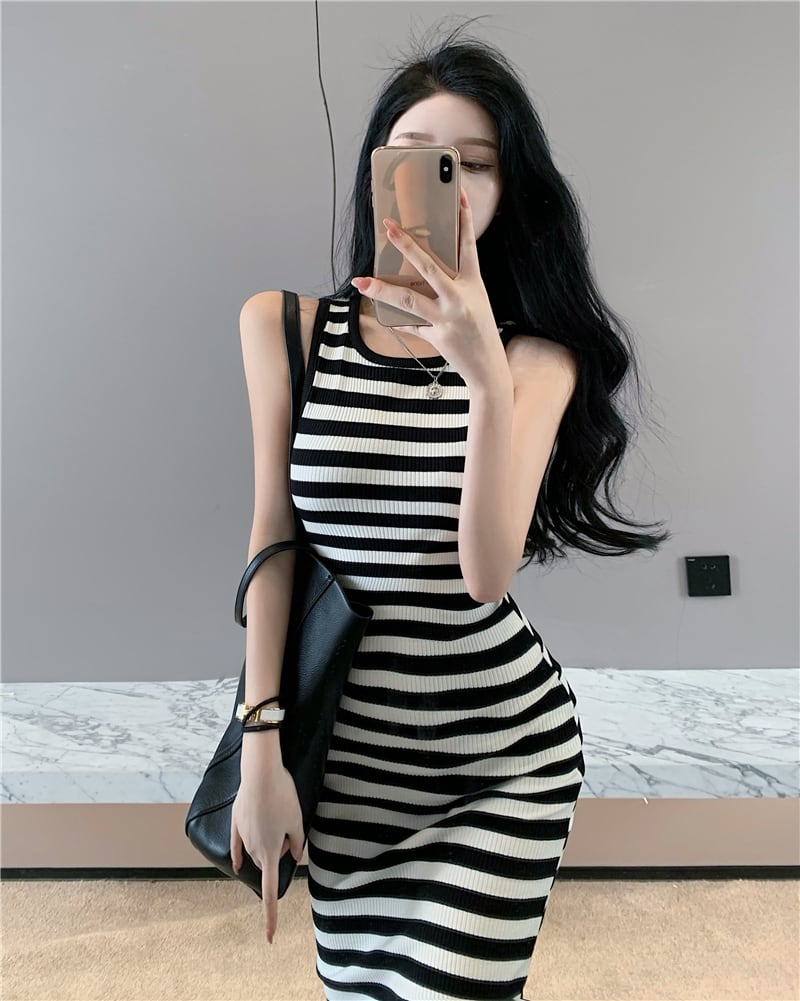ストライプドレス ウェストロングスカート サマー 大人ガーリー スウィート キュート カジュアル 夏物 ヨーロピアン ブラックストロベリース14558532420