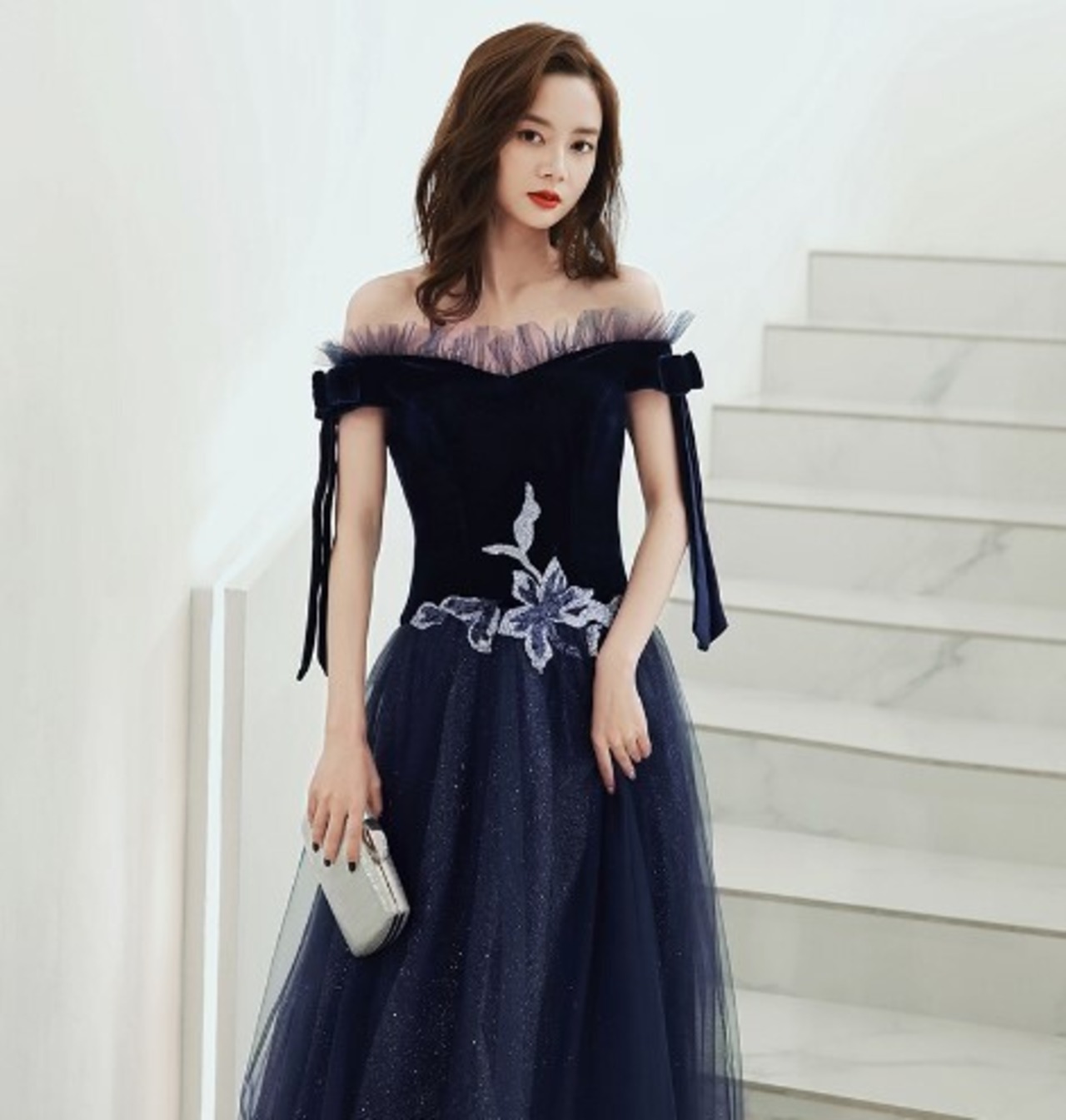 ネイビー レース オフショルダー パーティードレス（上品！ パーティー  