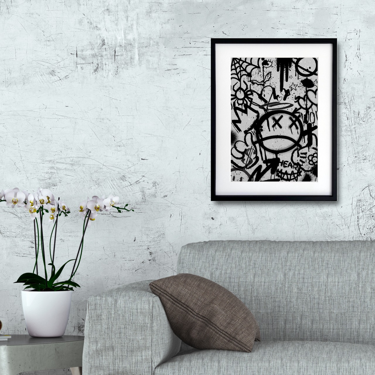 落書き｜アナーキーなモチーフが躍るモノクログラフィティアートポスター｜ストリート×ポップの刺激的デザイン｜A4ポスター