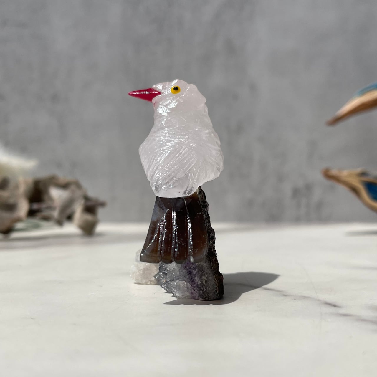 美術品・アンティーク・コレクション 天然石 彫刻 鳥 置物 ペア 木製