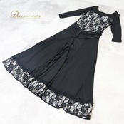 社交ダンス 衣装 スタンダード ドレス ワンピース  パーティドレス パーティ 黒 レース 華やか 上品 綺麗 高級感 ブラック系 ホワイト 白 スカート ダンス衣装 エレガント ドレッシー 落ち着いた色合い おしゃれ フェミニン シンプル デザイン