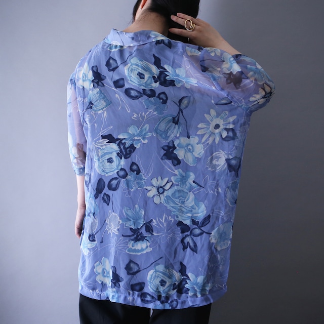 cold color beautiful flower pattern over silhouette h/s see-through shirt