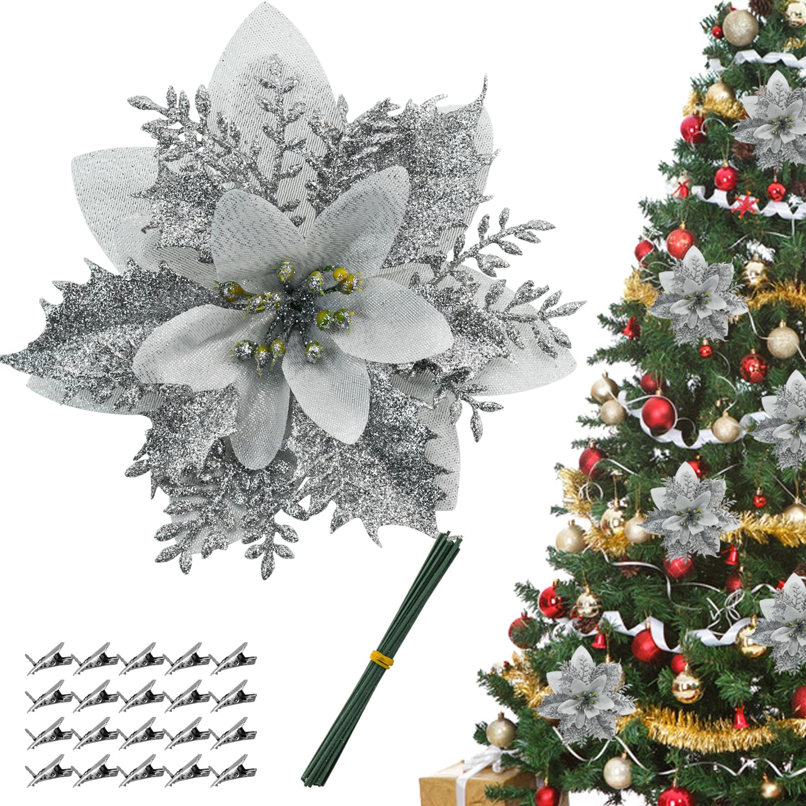 【努力特価】クリスマス 造花 24個入り クリスマスツリー飾り 装飾 花 オーナメント 人工花 ポインセチア デコレーション ラメ入り キラキラ クリスマスリース 花輪 自宅 店舗 玄関 室内 飾り (銀)