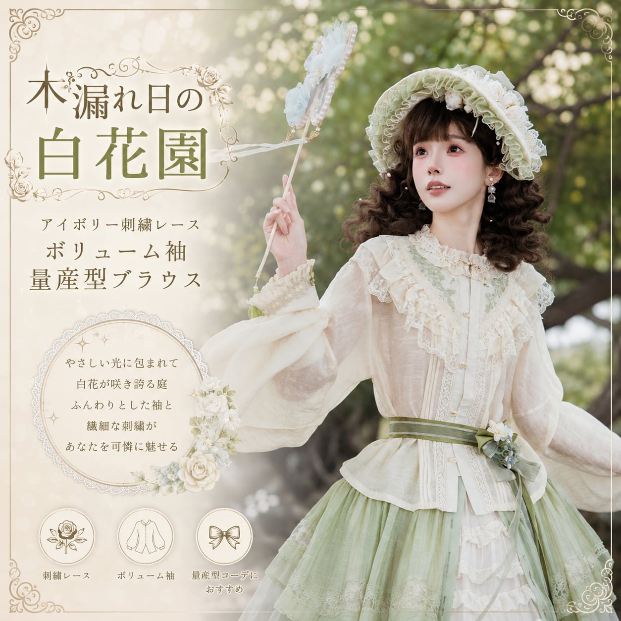 木漏れ日の白花園 アイボリー刺繍レースボリューム袖量産型ブラウス