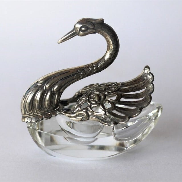 シルバー835&ガラス 白鳥の小物入れ Albert Bodemer アンティークドイツ