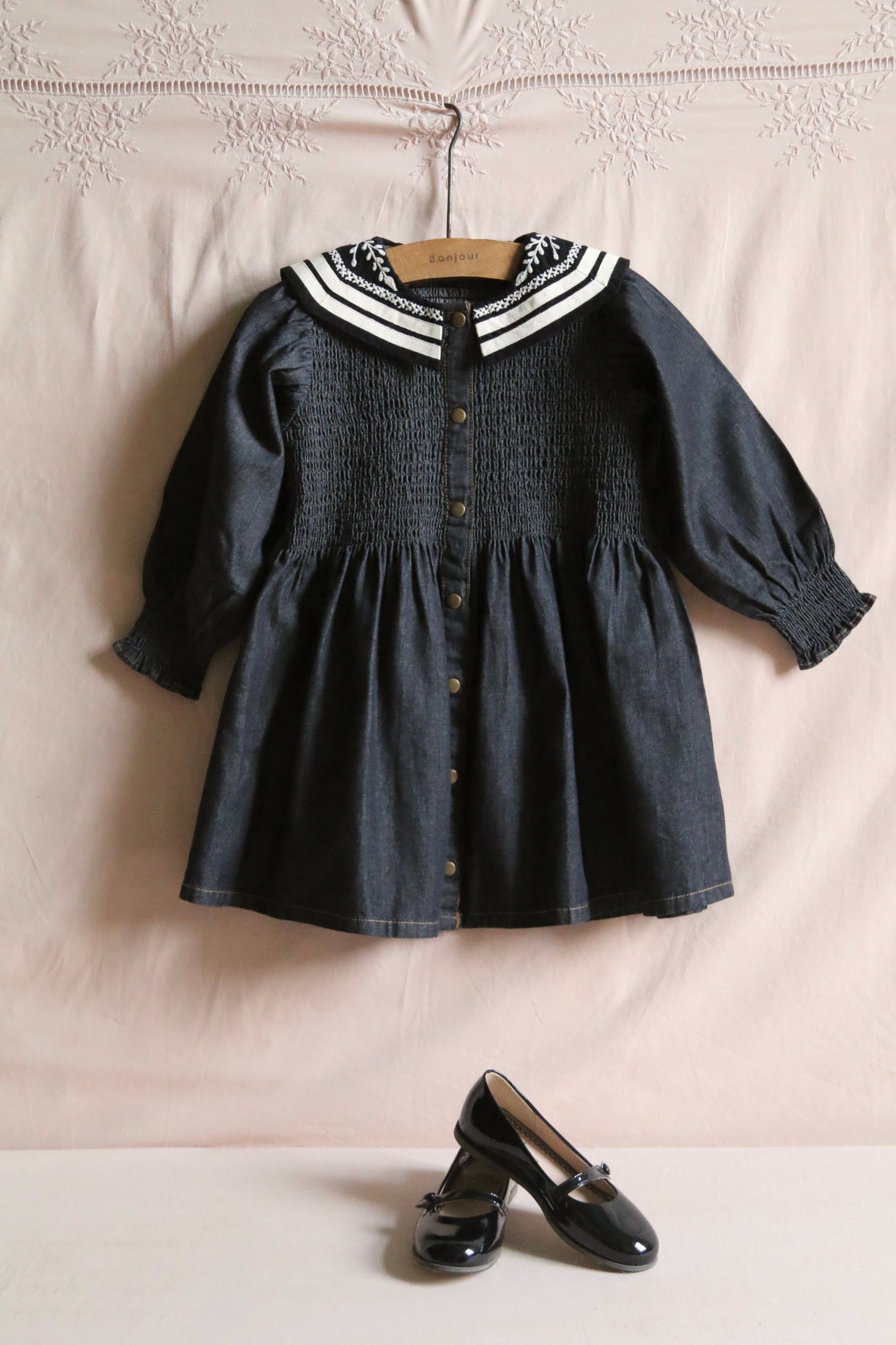 ワンピース Bonjour diary / denim tunic BONJOUR DIARY Tunique with sailor collar black denim 2-6y