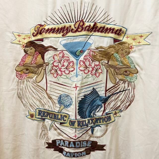 TommyBahamaトミーバハマ刺繍入りシルク製アロハシャツL古着(2117