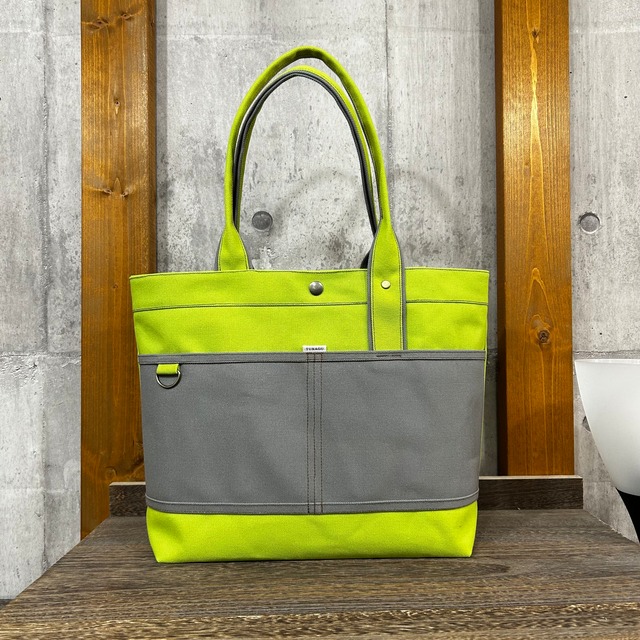 Bi Color Tote "L" / 内ポケット×5付 【ライム×グレー】