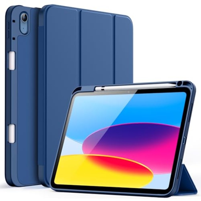 JETech iPad（A16）ケース 第11/10世代（2025/2022モデル）用Pencilホルダー付き 対応 ソフトTPUバック スリム保護カバー オートウェイクアップ/スリープ機能付き (紺)
