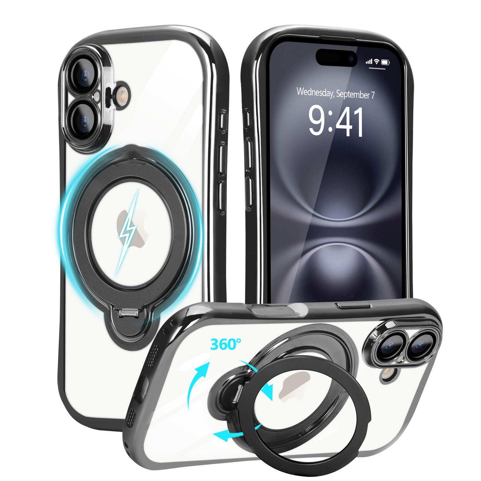 LCHULLE iPhone 16 用 ケース MagSafe対応 360°回転スタンド 透明 レンズ保護 縦横両対応 耐衝撃 握りやすい【ブラック】