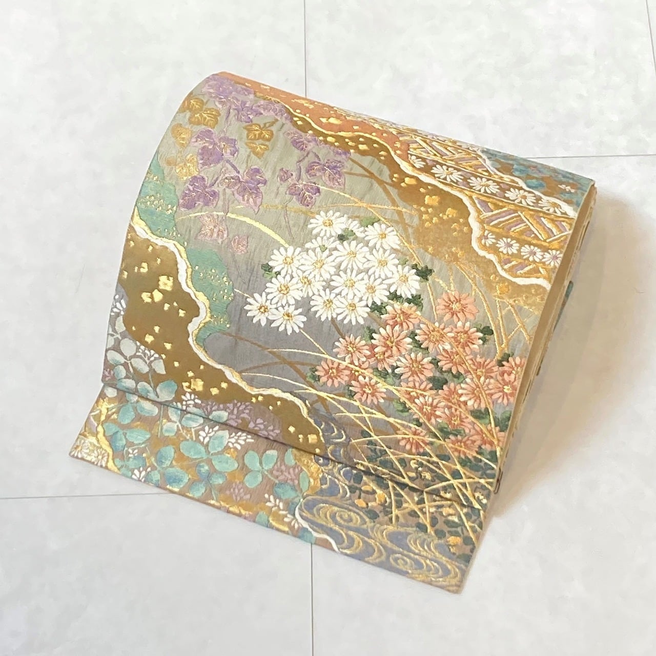 袋帯　総刺繍　四季花　六通　美品