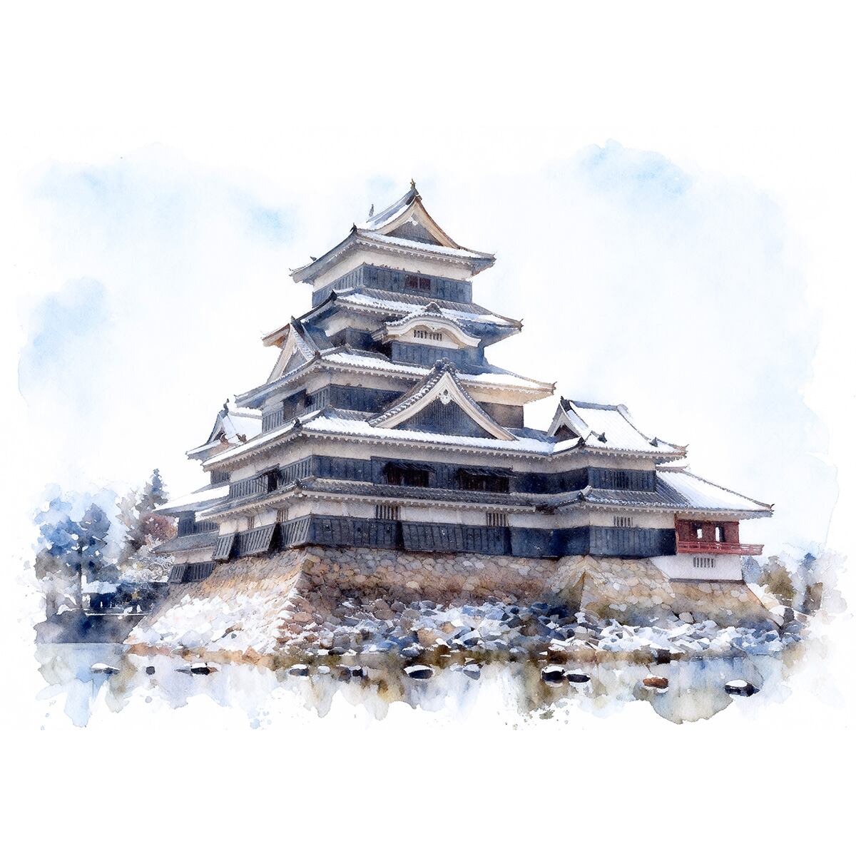 絵画 風景画(街並み) 日本の城 長野県 冬の松本城 インテリアアート額付き 水彩画・油絵風 WAT1526