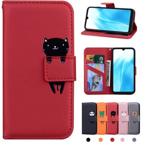 CASAFUNY Arrows we2 f-52e ケース 手帳型 お洒落 カバー FCNT arrows We2 FCG02 ケース 手帳型 耐衝撃 高級PUレザー アローズwe2ケース F-52E FCG02 カバー かわいい動物柄 携帯カバー アローズ F-52E ケース カードポケット付き f-52eケース 軽量 スマホケース カード収納 横置きスタンド機能 内蔵マグネット-赤猫 2698