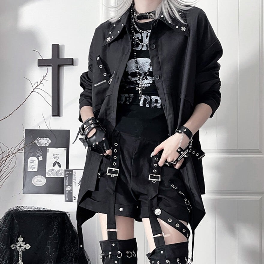 地雷系 甘辛MIX 長袖シャツ 黒 白 パンク ストリートファッション ライブ 推し活 ライブ