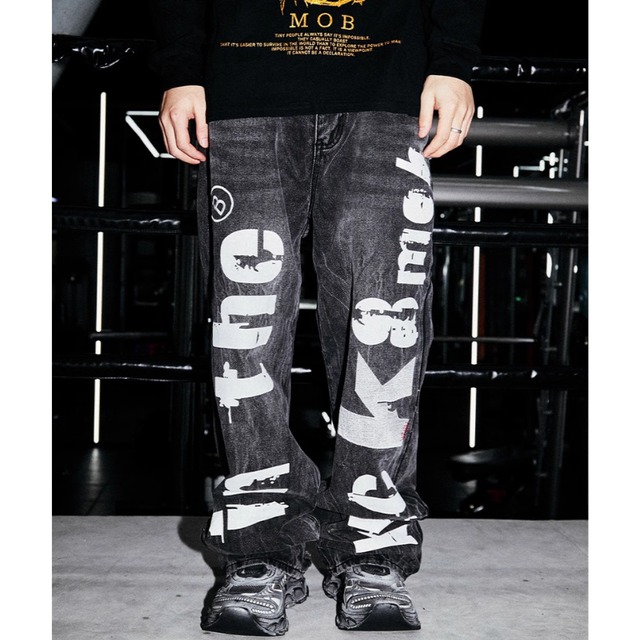 【DRIP3919】B8M Letter Logo Print Damaged Denim