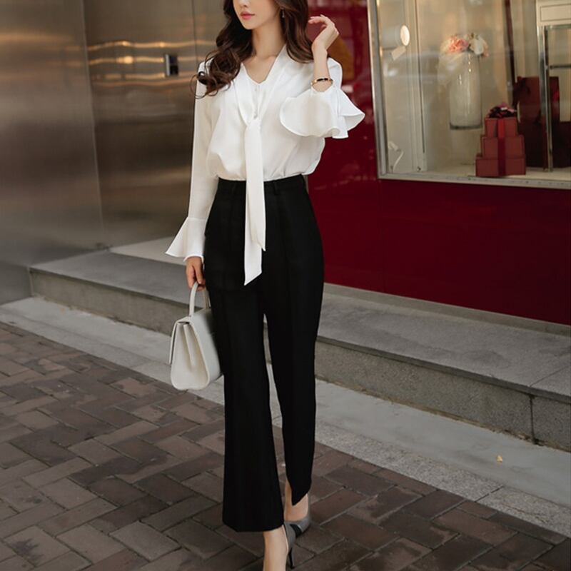長袖 フレア ブラウス ブーツカットパンツ セットアップ