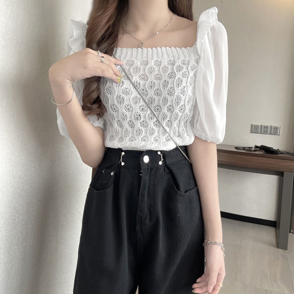 ショート丈 ニット ブラウス レディース 春夏 トップス 大人 きれいめ おしゃれ かわいい フェミニン パフスリーブ スクエアネック 大人可愛い 大人女子