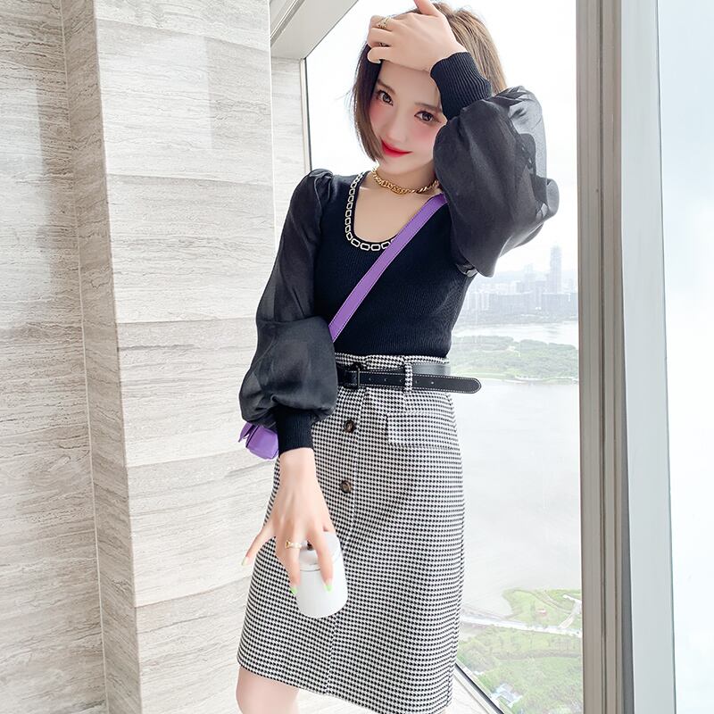 チェーン スリムスリーブニットトップス ランタンスリーブ MIUCO89417772480