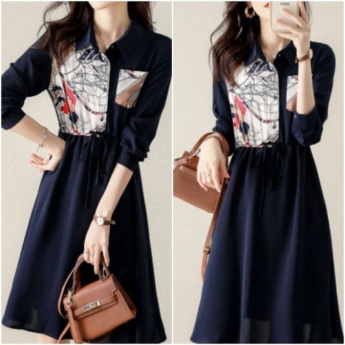 シャツワンピース 切り替え 襟付き Aライン ウエストリボン ネイビー 上品 春 夏 長袖 夏ワンピ 女性 ほっそり 女性 レディース 大人 お呼ばれ デート お出かけ エレガント きれいめ デザイン