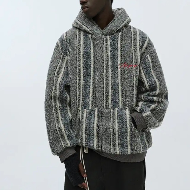 【DRIP6013】ATRY Front Pocket Striped Boa Hoodie