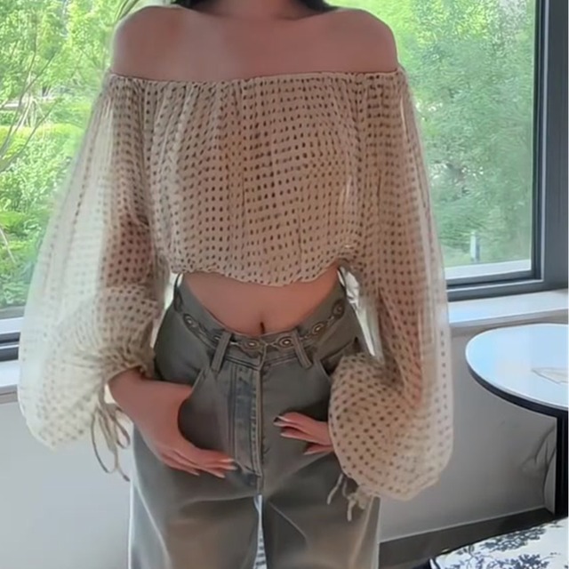 オフショルダー シアードット ショート トップス 3412807