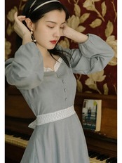 【0092】Blue Vintage Elegant Midi Long Sleeve Dress