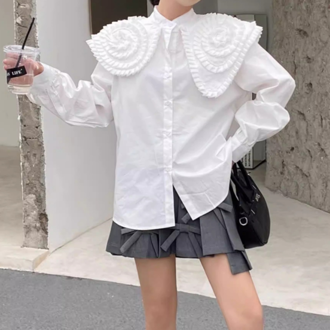 Vintage Big Doll Collar Long-Sleeve Blouse (ME237)