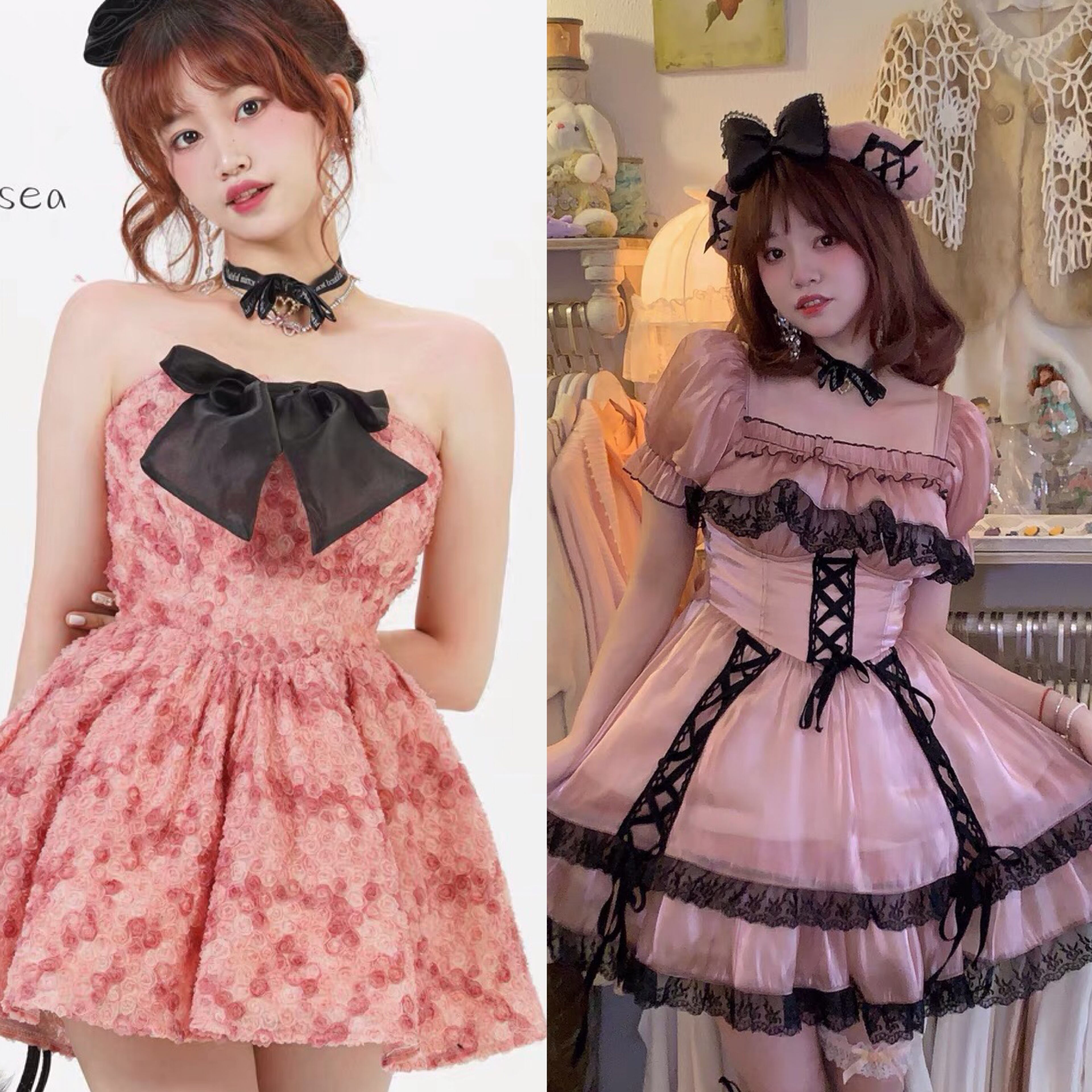 ワンピース チューブトップ ベアトップ リボン ワンピース ピンク 水色