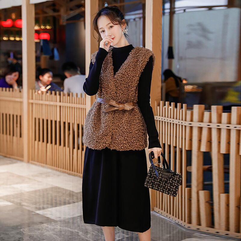 【新作】【送料無料】 マタニティウェア2019冬新バージョンツーピース妊婦ラムヘアベスト+ニットミドル丈ドレス-アリババ ウィンター 冬物 expec279178734284