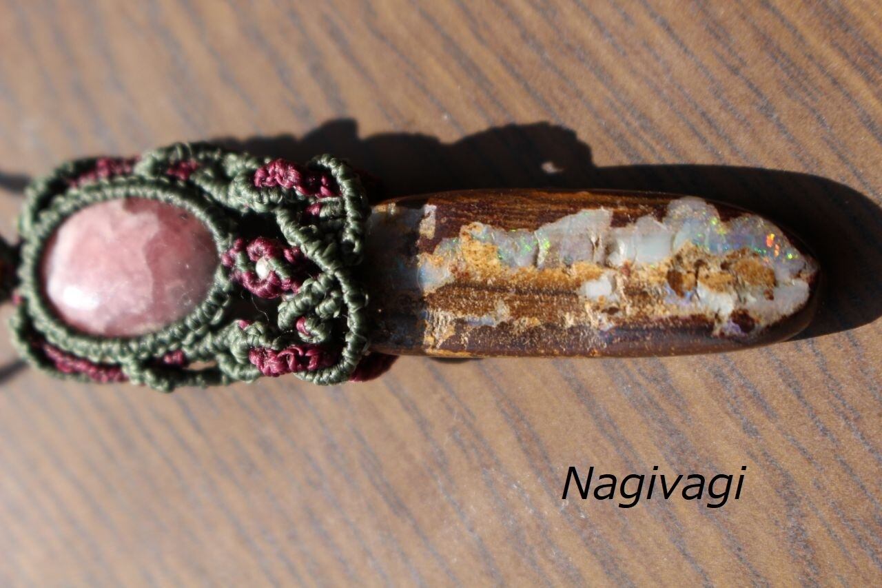 Boulder opal & Rhodochrosite micromacrame pendant