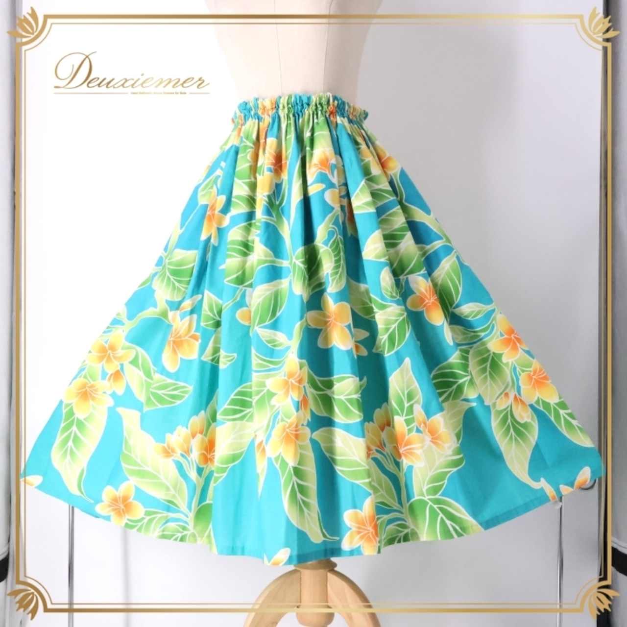 フラダンス 衣装 パウスカート ブルー系 プルメリア柄 ハワイアンプリント フラ ダンス レッスン 練習 シングル スカート ふんわり 軽やか さわやか かわいい おしゃれ 上品 華やか 鮮やか グリーン系 オレンジ系 ホワイト系 水色 黄緑 橙 白 フレアスカート ハワイ アロハ リゾート