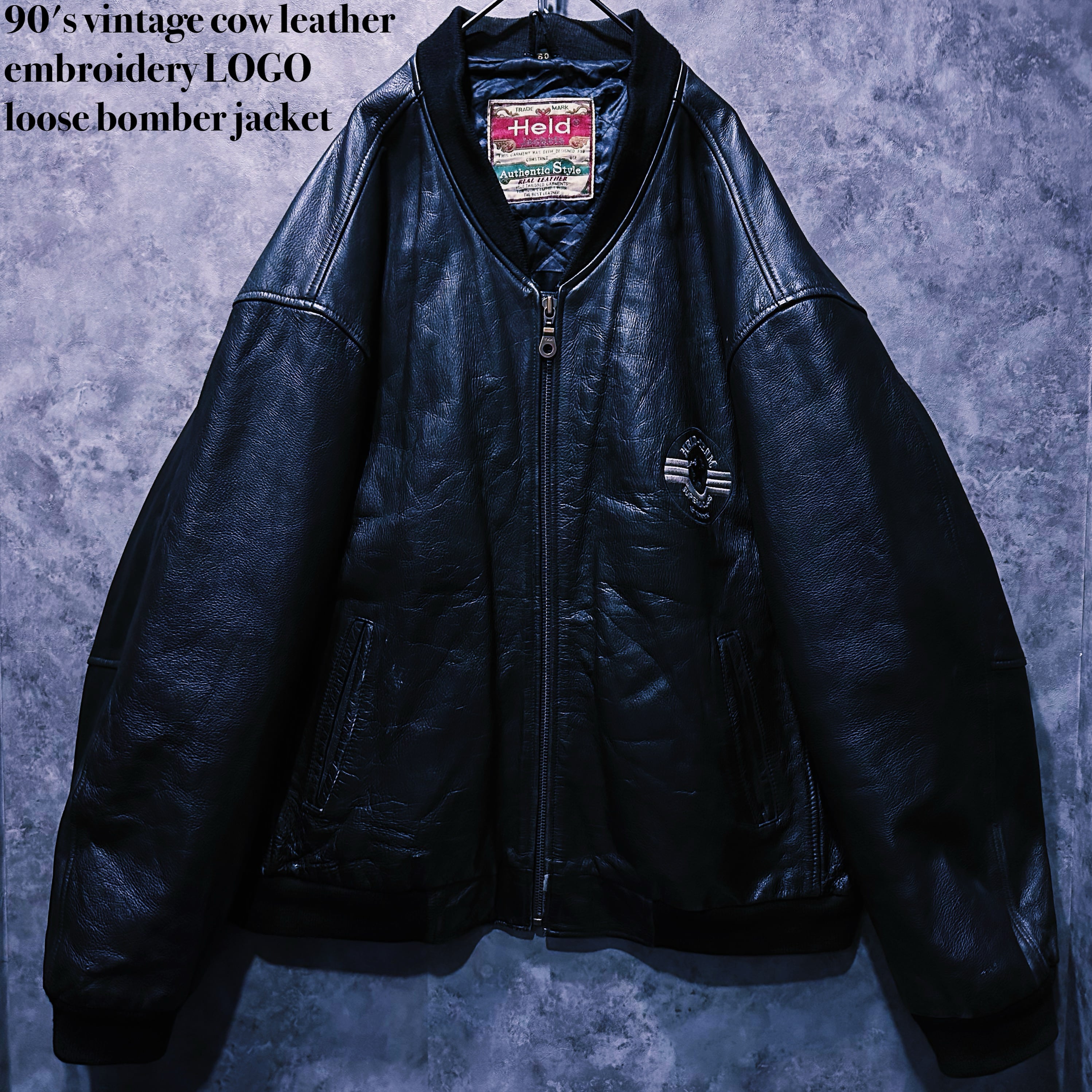 【doppio】90's vintage cow leather embroidery LOGO loose bomber jacket