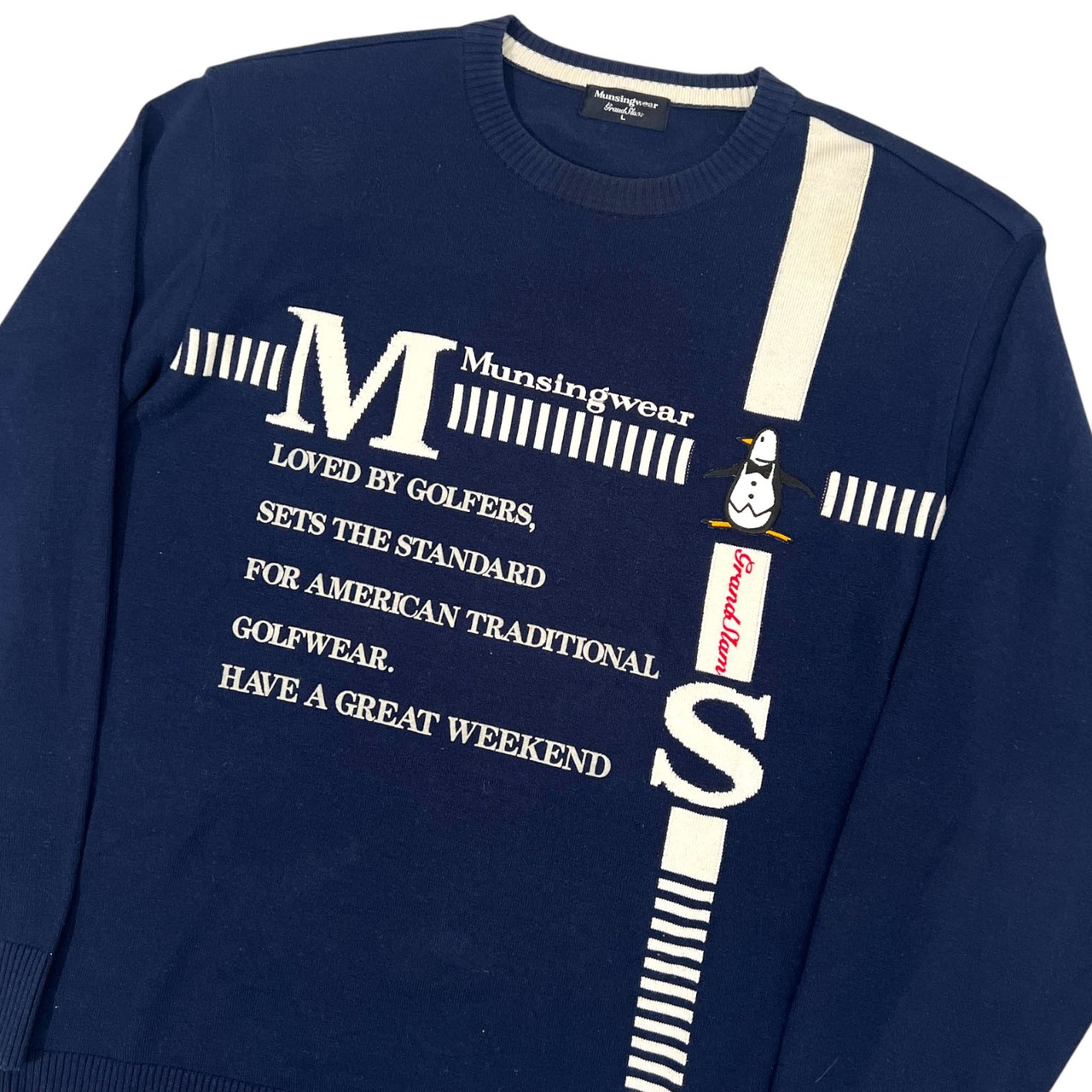 Munsingwear Grand Slam マンシングウェア フロッキープリント ニットセーター L/ネイビー/薄手