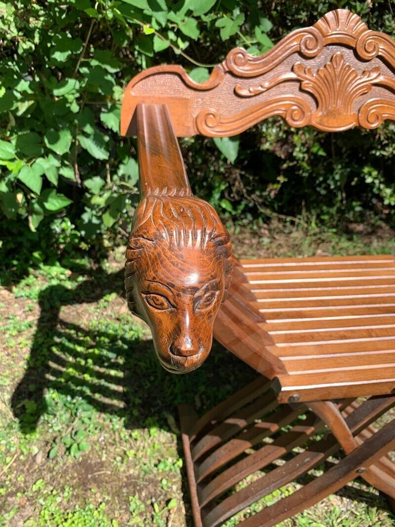 椅子 チェア 木製 双頭のライオンの造形 獅子 折り畳み式 アームチェア