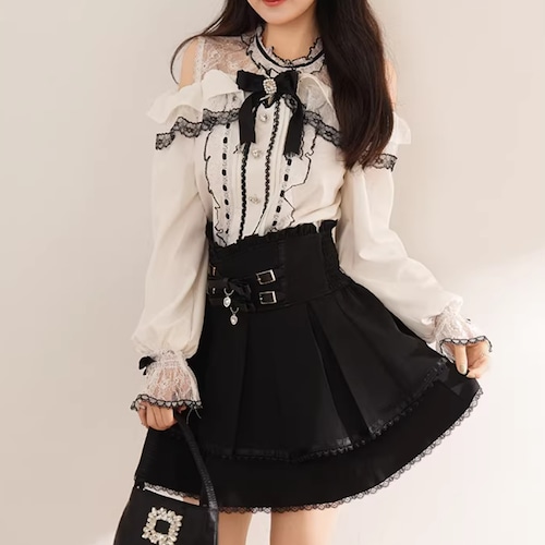 【2点セット】レースオフショルダーブラウス＋リボンティアードスカート ・76528