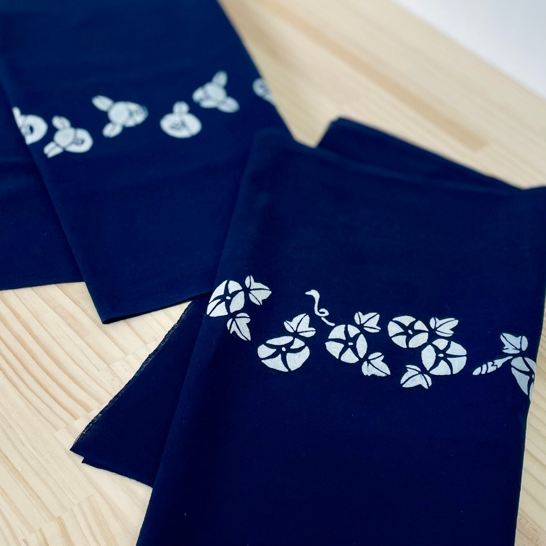 オーダー 藍染 手染め雪花麻の葉絞り生地 手ぬぐい オーダー 藍染生地