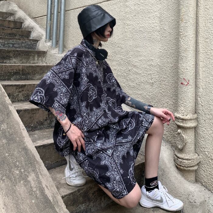 スタイルサマースタンダードFlowerデザイン プリント柄ルーズカジュアルTシャツ パンツ レトロ 大きめサイズ かわいい 夏物 フラワーデザイン ケッペル47599686041