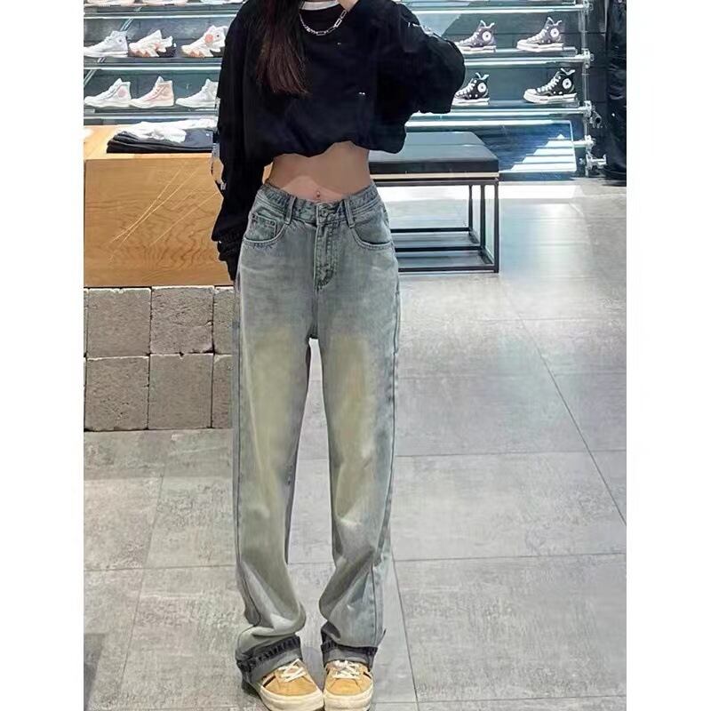 【新作】【送料無料】 春と秋のデザインの女性用アメリカンレトロイエロー泥染めダメージ加工ジーンズ、ニッチハイウエストストレートワイドレッグフロアレングスパンツ 0313010547263