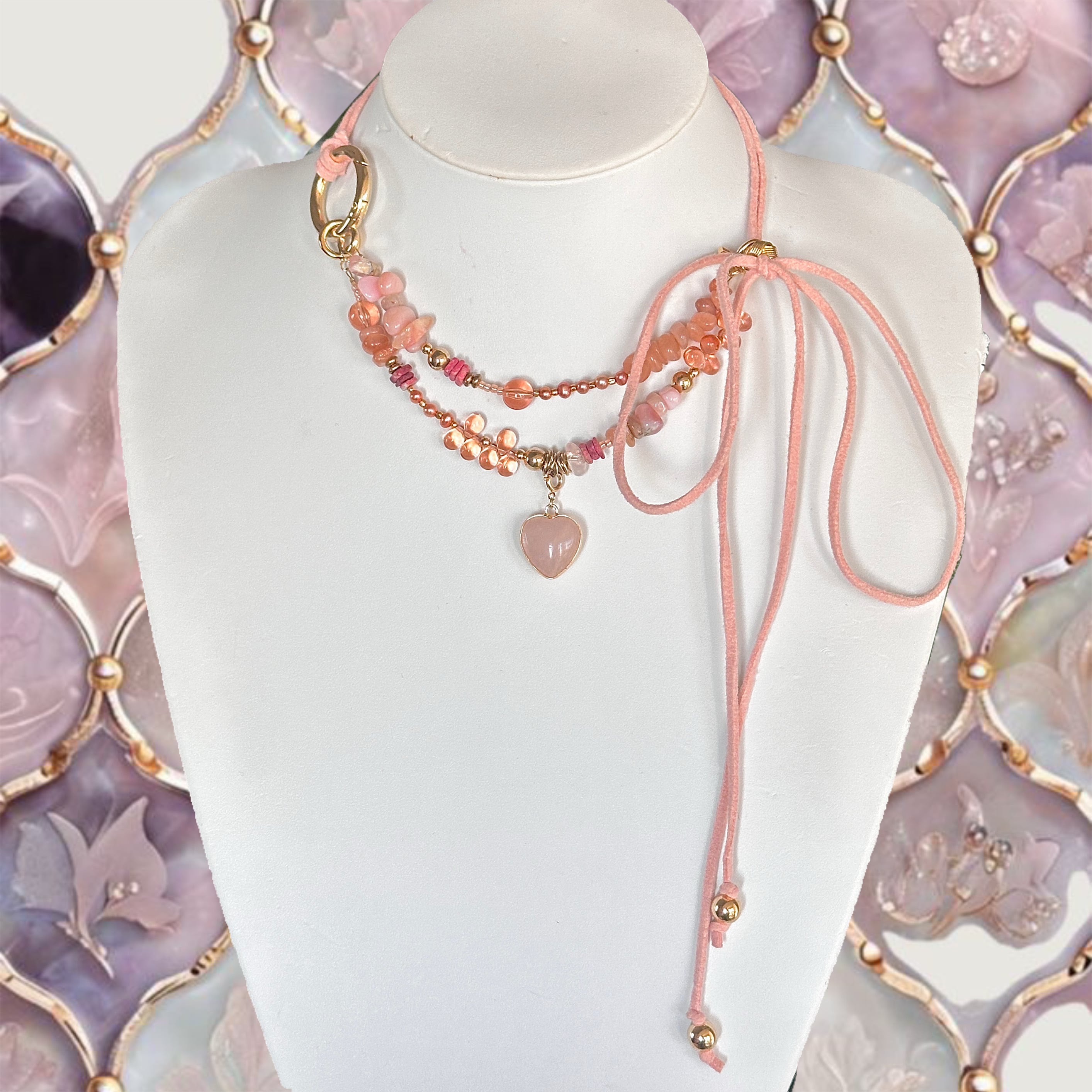 maison howl ハンドメイド ネックレス　チョーカー　キキララ ピンク Rose quartz heart charm leather choker. | maison HOWL