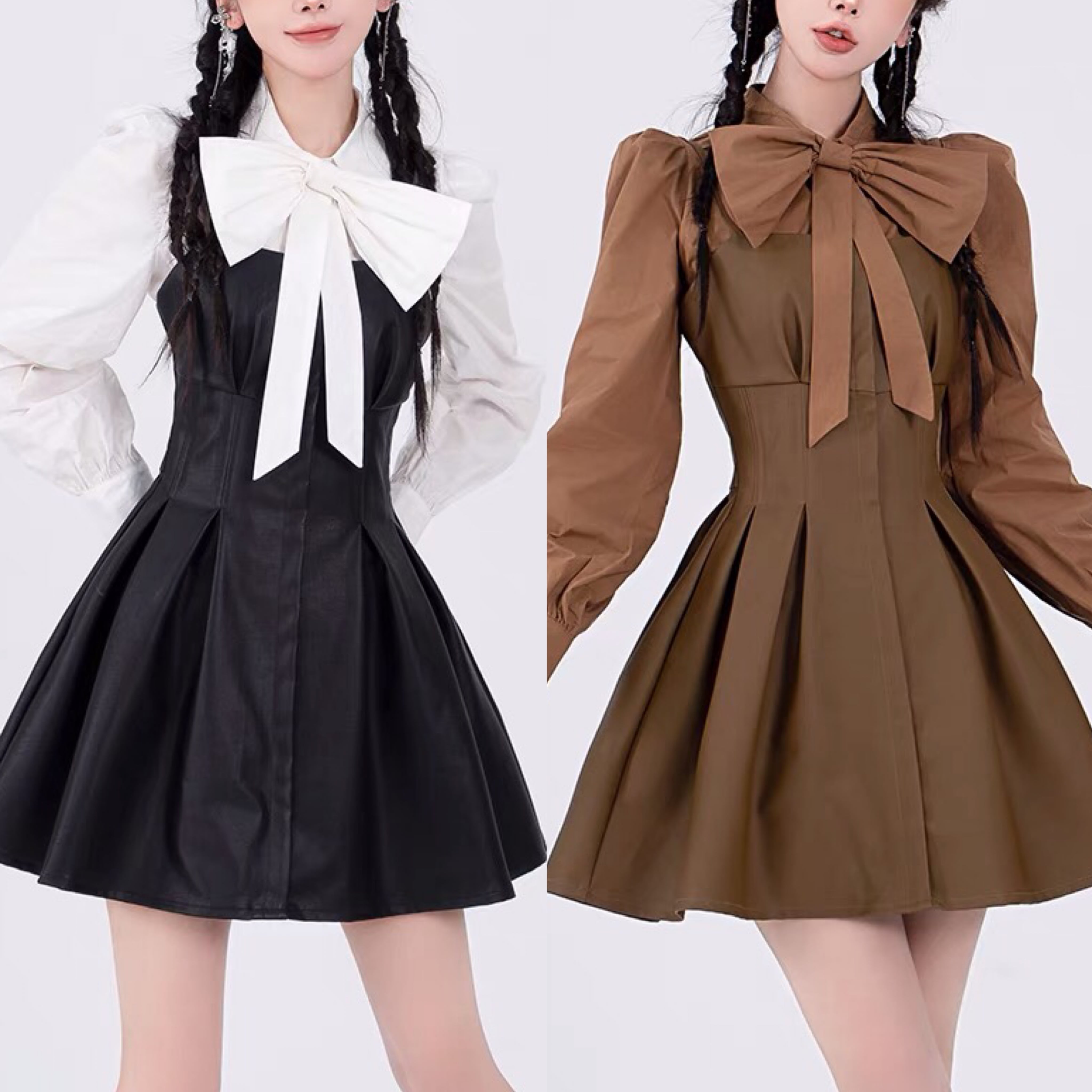 ブラウス】茶色 白 リボン シンプル 制服 スクール ワンピース