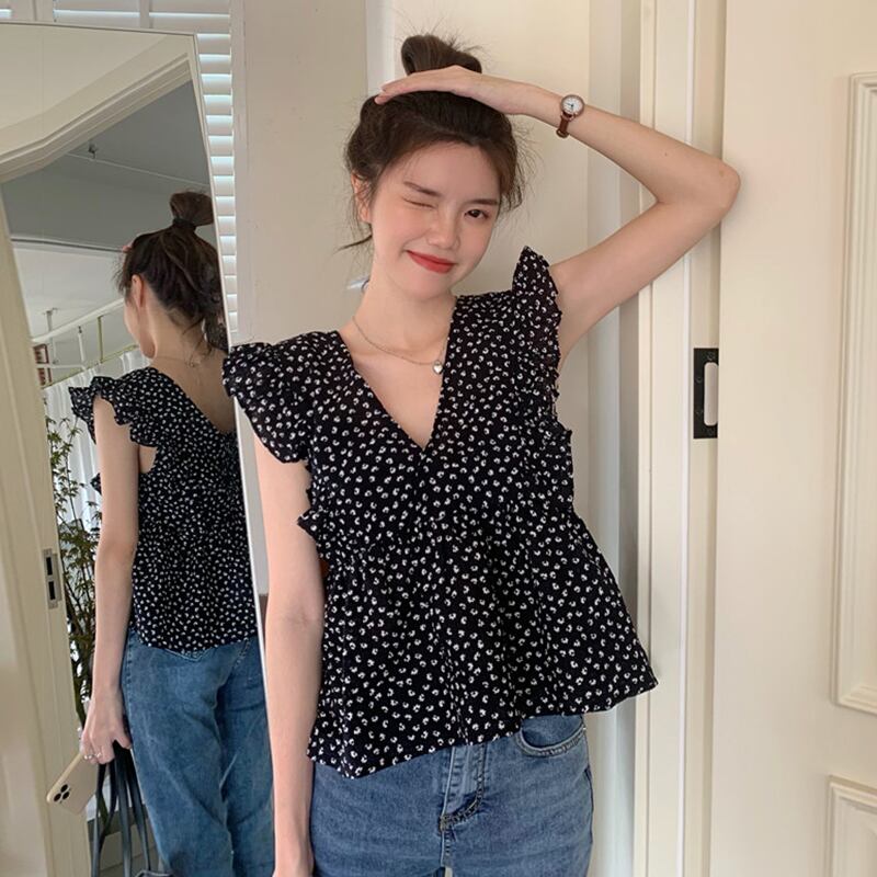 ブラックVネックレースフローラルサマースタンダードノースリーブドレス レトロ 夏物 花柄 スーパーモール87458064746