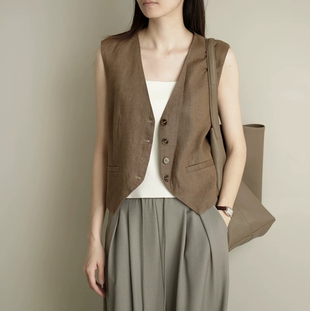 リネンVネックスーツベスト 2color W00574