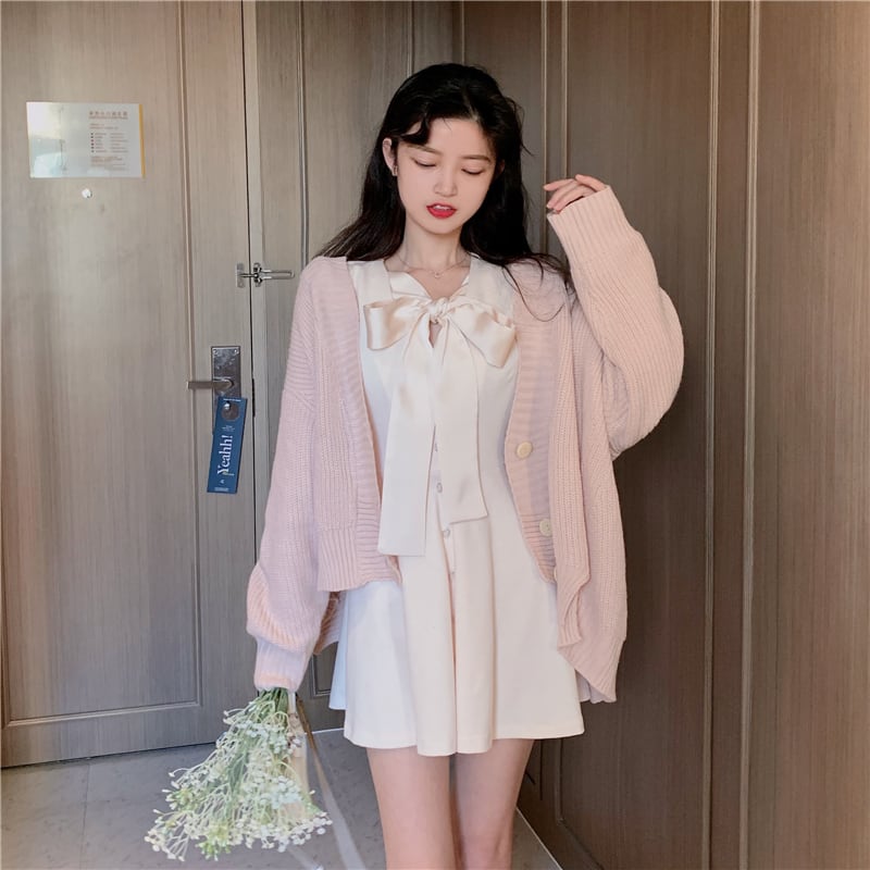 ドレス Vネックショートスカート オータムウィンタースタイル ロング リボン 秋物 冬物 ブラックストロベリース79254096638