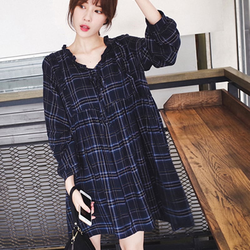 長袖 Vネック フリル チェックワンピース