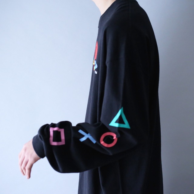 "play station" △○X□ sleeve printed loose l/s tee